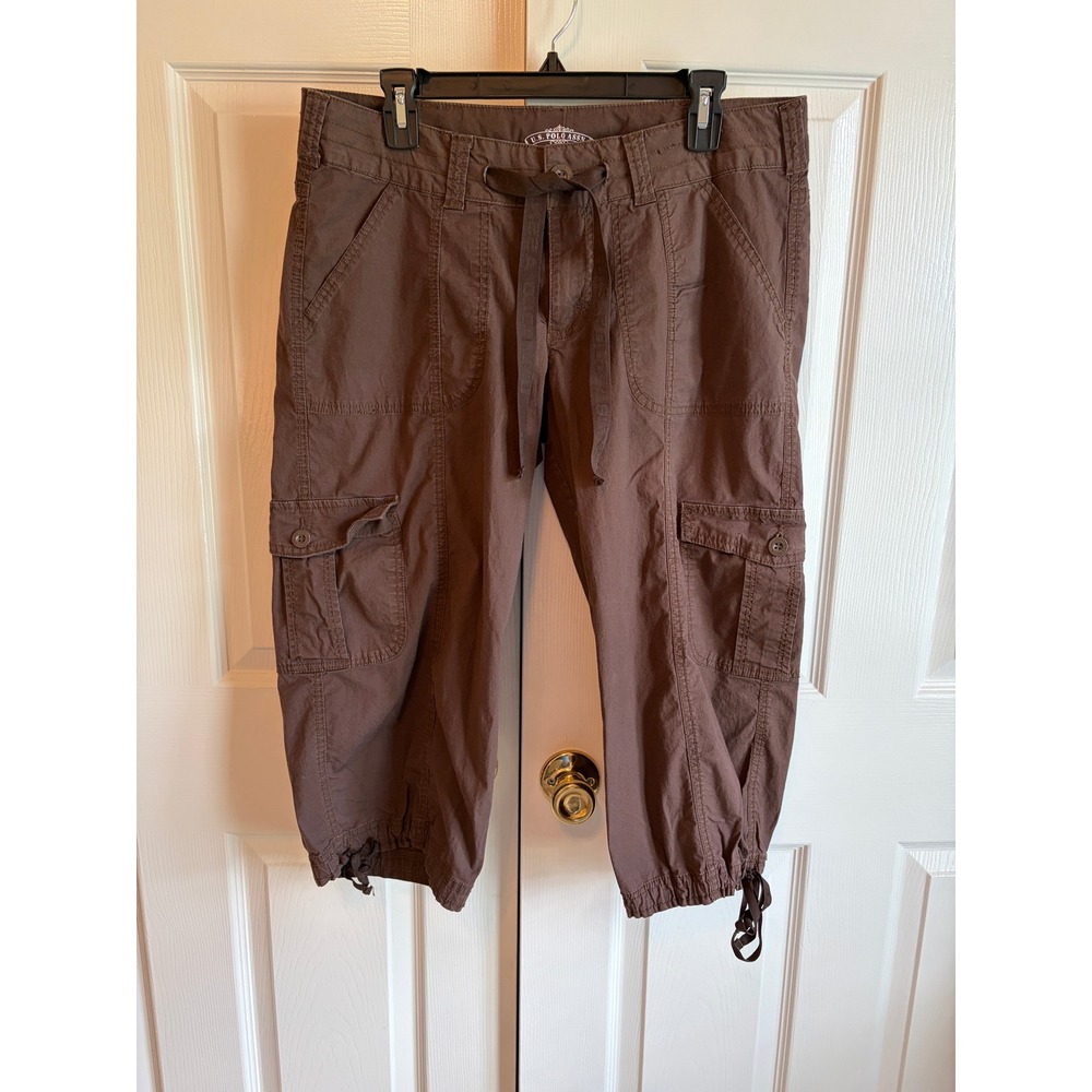 US Polo Assn Brown Cargo Capri Womens 14 Y2K Vintage Drawstring Crop Pockets - Picture 1 of 5